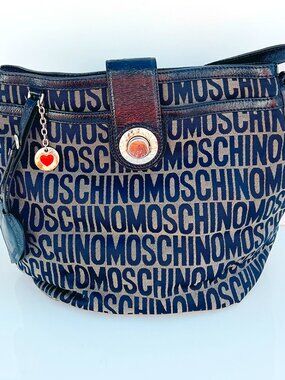 Vintage MOSCHINO Spellout Logo Jacquard Hobo Shoulder Bag Khaki Y2K